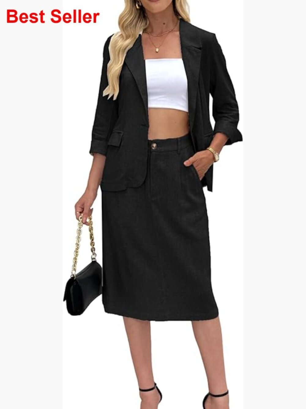 Linen Blazer Skirt Set 2 Piece Outfit Business Casual Work Office